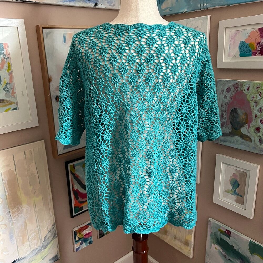 Teal Crochet Short Sleeve Open Knit One Button Cardigan Boho Beachy y2k Coastal - Picture 7 of 7